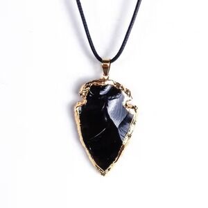 Black Obsidian Arrowhead Pendant Necklace Gold Tone Copper Edge 18 Inch